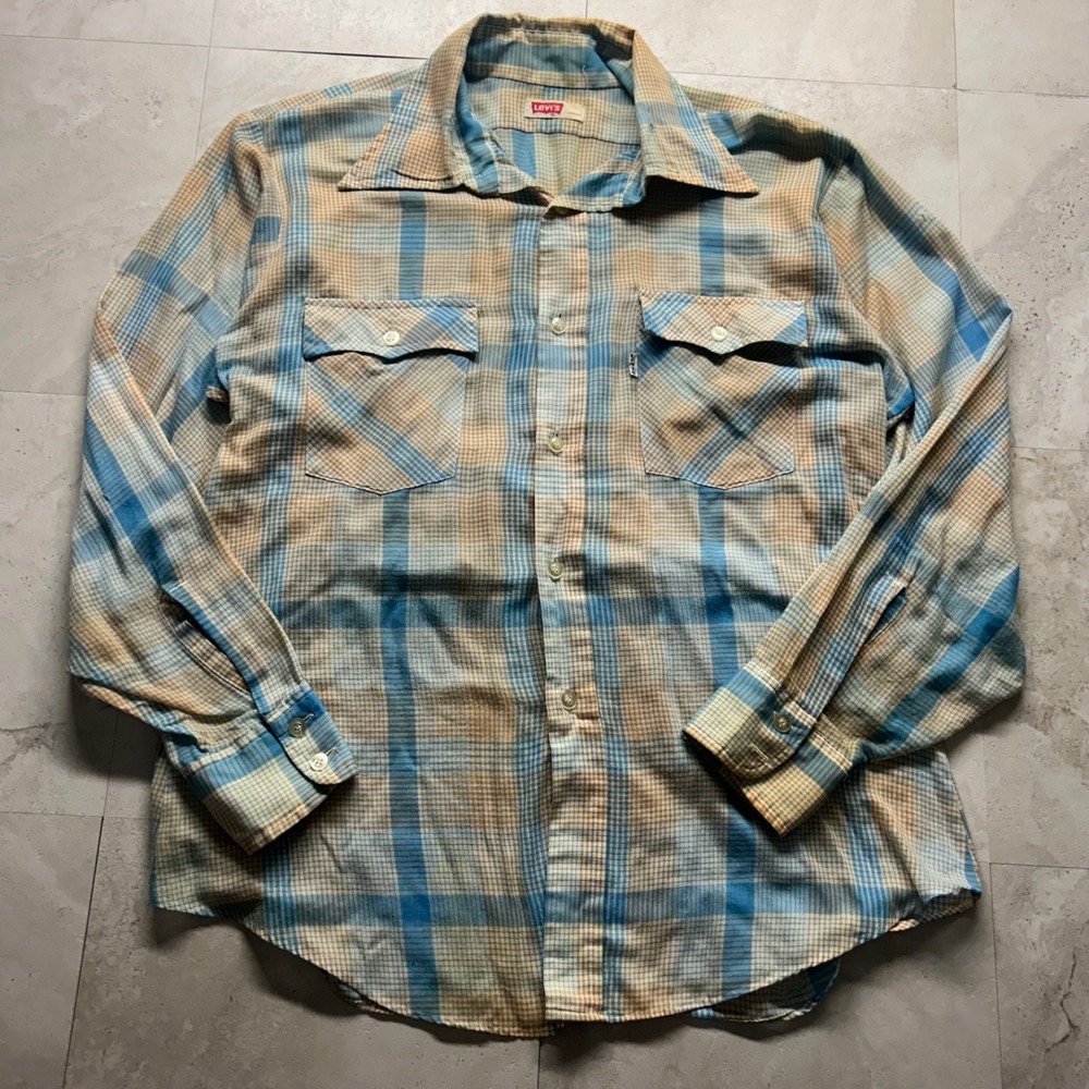 Levi's Vintage Plaid Western Button Up Blue Tan Mens Large 80s 90s USA Made